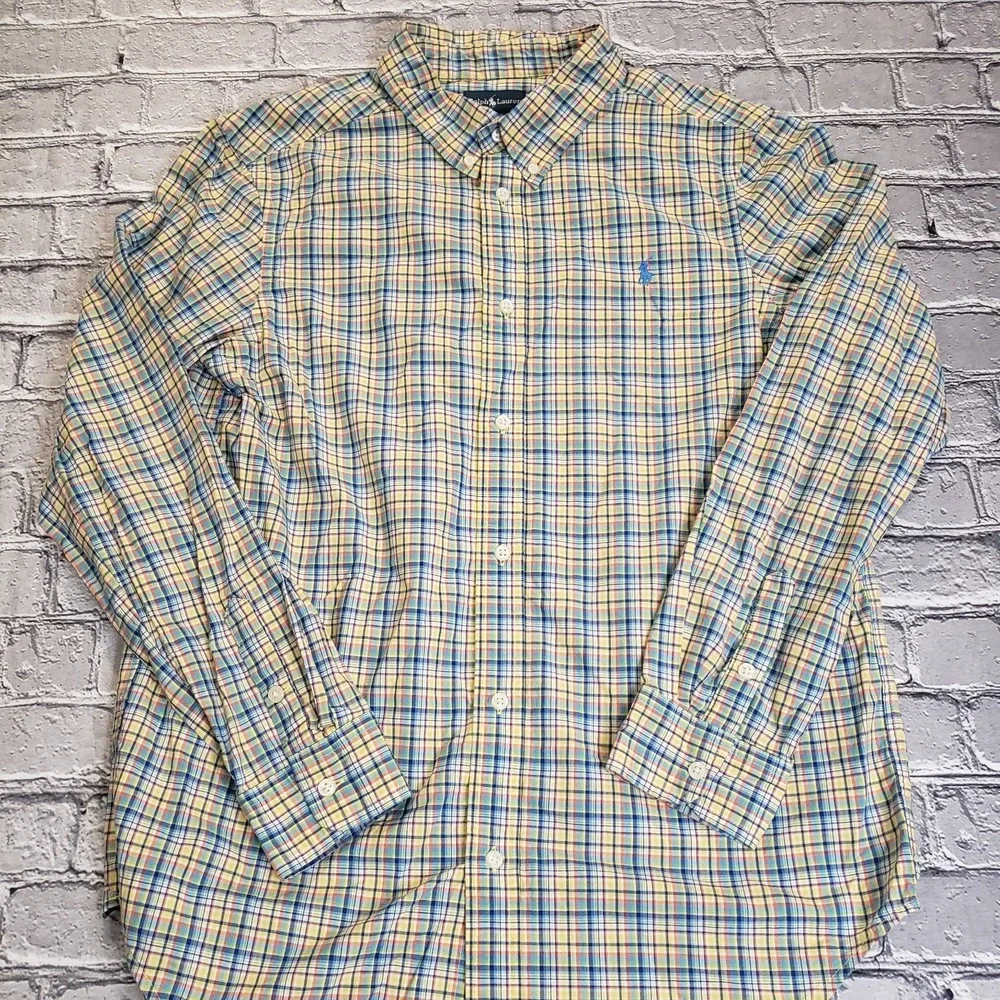 Ralph Lauren Shirt Youth XL (18-20) Long Sleeve Button Down Plaid Green Yellow